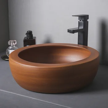 Vonios kriauklė keramikos meno baseino apvalus keraminis praustuvas stalviršio kriaukle ruda šampūnas baseino lavabo baseino vonios kambarys, tualetas kriaukle