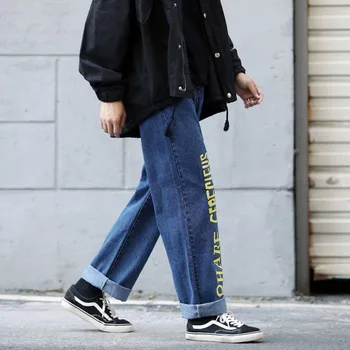 Vyriški džinsai 2019 m. rudens ir žiemos naujas laiškas spausdinimo pločio kojų džinsai laisvi atsitiktinis tiesios kelnės jaunimo tendencija vyriški drabužiai