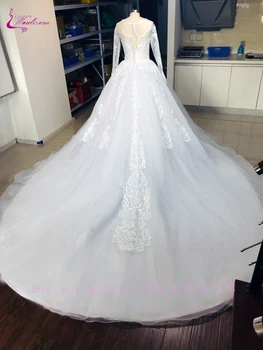 Waulizane Off Balta Vestuvinė Suknelė, Visiškai Simetriškas Rankovėmis Su Delcated Perlai Royal Traukinio Nuotakos Suknelė