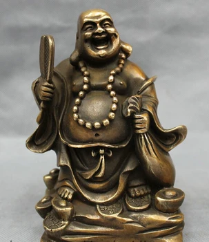 Xd 002022 Kinų Bronzos Turto YuanBao Monetų Krepšys Ventiliatorius Laimingas Juokiasi Maitrėjos Budos Statula