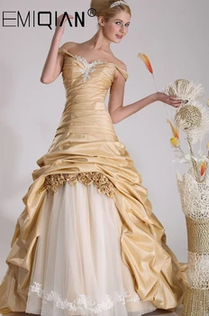 Šampanas ir Balta Vestuvinė Suknelė nuo Peties Ruched Nuotakos Suknelės Linijos, Vestuvės, Vestuvinės Suknelės su gėlėmis ir mygtukai