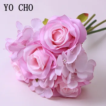 Šilko Hydrangeas Rožės Dirbtinių Gėlių Puokštę Baltų Vestuvinių Gėlių Maža Puokštė Netikrą Gėlės Šalies Namų, Dekoruoti Rožinės spalvos