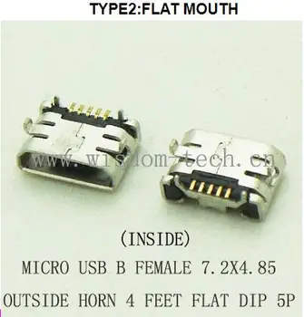 1000pcs/daug B tipo Micro USB female lizdas, USB jungtis, Telefono lizdas 2.0 7.2x4.85 už ragų 4feet CINKAVIMAS 5P