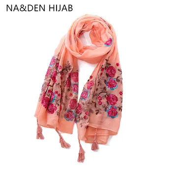 1PC NAUJAS Prabangus Minkštas Soild hijabs Gėlių siuvinėjimas šalikus Moterims, elegantiška, skaros, kutai Rankų bandanna Musulmonų galvos apsiaustas