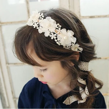 1PCS Korėja Stiliaus Mielas Princesė Lankelis Ilgai Nėrinių Juostelės Gėlių Hairbands Vainikas Merginų galvos Apdangalai, Vaikų Plaukų Aksesuarai