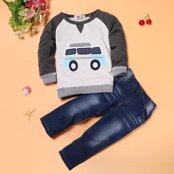 2016 m. Pavasario/Rudens Vaikų drabužių nustatyti kūdikio berniuko kostiumas nustatyti medvilnės Vaikams automobilių ilgomis rankovėmis marškinėliai+džinsinio audinio kelnės/džinsai 2-6Y