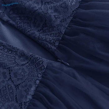 2018 apvalios kaklo nėrinių retro rankovių, tamsiai mėlynos high-end suknelė