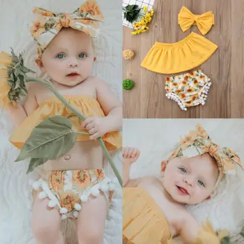 2018 Naujas Vasaros Kid Baby Girl Geltona Gėlių 3pcs Drabužiai Šortai Lankelis Off Shouler Bandeau Viršūnes Kutas Šortai Kūdikių Apranga