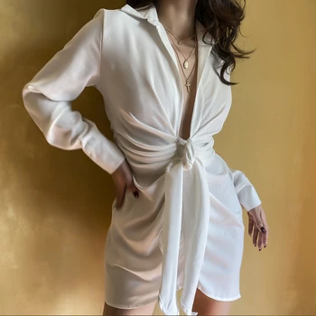 2019 Ins Stilius, Seksualus Baltas Dangtelis Slim Shirtdress Ilgomis Rankovėmis Mini Giliai V Kaklo Žemų Dažnių Moterų Suknelė Šiek Tiek Elastingumą