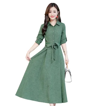 2019 korėjos versija slim lieknėjimo ilgai pavasarį ir rudenį naujų ilgomis rankovėmis medvilnės ir lino suknelė Šalis suknelė