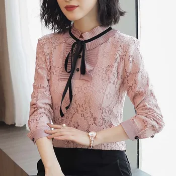 2019 m. rudenį naujų ilgomis rankovėmis nėrinių marškinėliai, peteliškė moterų viršūnes ir palaidinės, rožinė priežastinis palaidinė marškinėliai moterų drabužiai A103