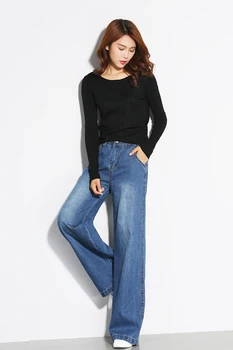 2019 pavasarį ir rudenį didelio juosmens pločio kojų kelnės moteriška slim džinsus, tiesios kelnės retro kelnės didelio dydžio paprasta laisvas kelnes