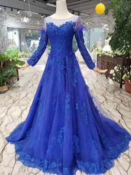 2019 Vestidos De Plunksnos Mėlyna Prom Dresses Vestido De Noite Elegantiškas Pigūs Ilgai Karoliukai, Plunksnos, Nėriniai Appliques Prom Dress