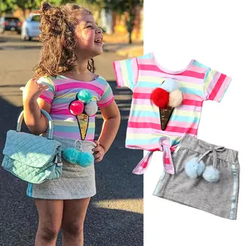 2020 2VNT Bamblys Vaikams Baby Girl Drabužių Rinkiniai Vaivorykštė Dryžuotas Princesė Viršūnės T-shirt Mini Sijonas Komplektai