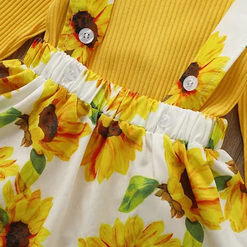2020 Bamblys Kūdikių Mergaičių Rudens Drabužių Rinkinius, Geltona Medvilnės Trikotažo Romper Viršūnes Saulėgrąžų Dirželis Suknelė Komplektai