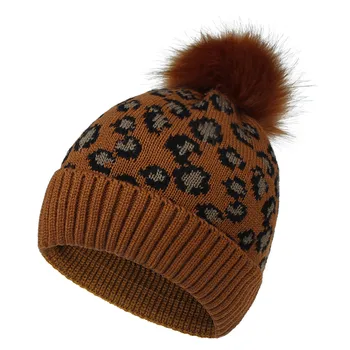 2020 Beanie Skrybėlių Išlaikyti Šiltas Megzti Skrybėlę Furry Kamuoliukus Pompom Leopardas Spausdinti Slidinėjimas Pliušinis Mados Žiemą Kepurės Megztos Medvilnės Skrybėlę