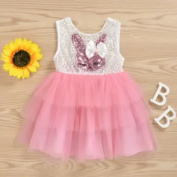 2020 Easter Bunny Bamblys Baby Girl Dress Blizgučiais Rankovių Triušis Spausdinti Nėrinių Romper Nėrinių Suknelė Tutu Suknelė