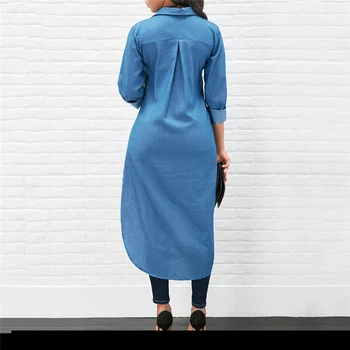 2020 m. Pavasario Mados Džinsinio audinio Mėlyna Suknelė Moterims Atsitiktinis Atvartas ilgomis Rankovėmis Ilgai Marškinėliai Vestido Elegantiškas Darbo OLIS Sundress