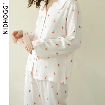 2020 M. Pavasarį Satino Peach Spausdinimo Pajama Nustatyti Susiėmę Apykaklės Ilgomis Rankovėmis Kelnės Sleepwear Viskozė White 2 Gabalas Moterų Sleepwear