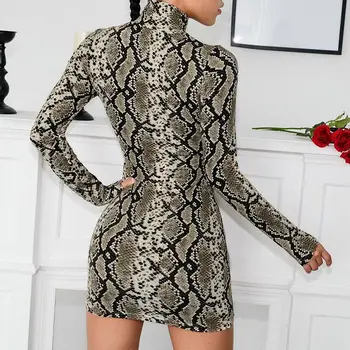 2020 Naujas Moterų Snakeskin Spausdinimo Mini Suknelė Ilgomis Rankovėmis Golfo Bodycon Ponios Viršų Seksuali Klubo Trumpą Suknelę Rudens Vasaros Drabužių