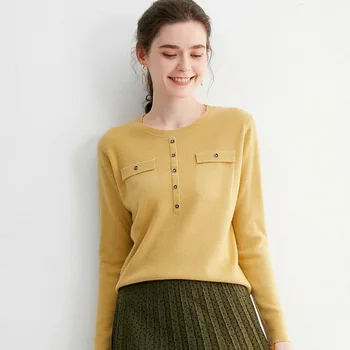 2020 naujas ponios vientisos spalvos atsitiktinis apvalios kaklo mygtuką megzti marškinėliai