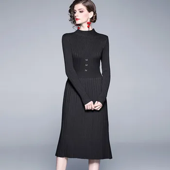 2020 naują stilių, jungiamas nedidelis nuolatinis apykaklės plonas plonas kokybės moterų ilgomis rankovėmis pusė juosmens trikotažo suknelė