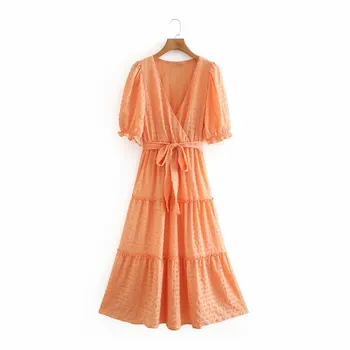 2020 Naujų Korėjos Mados Drabužių Vasaros Ilga Suknelė Moterims Raukiniai Sluoksniuotos Rankovėmis Varčias V-Kaklo-Line Kietas Elegantiškas Šalis Suknelė