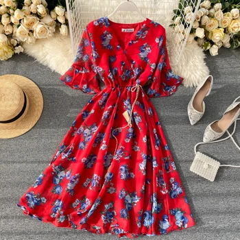 2020 v kaklo gėlių spausdinti Vasaros Midi ilgio Suknelė Atsitiktinis Šalies šifono kaklaraištis suknelė Moterims blyksnius rankovėmis beach elegantiškas tunika suknelė