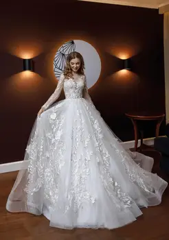 2020 Vestuvių Suknelės, O-Kaklo, ilgomis Rankovėmis, Nėriniai 3D Aplikacijos Vestuvinės Suknelės pagal Užsakymą Pagaminti Mygtuką Atgal Valyti Traukinio Linija Vestuvinė Suknelė