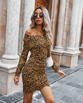 2020Women Rudenį Plisuotos Leopard Gėlių Suknelė Apvalios Kaklo Mini Slim Suknelė Su Split Ends maišelį klubo Aukšto Juosmens Seksualus OLIS baras, Drabužių