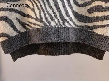 2021 m. Pavasarį, Rudenį Viršūnes Ponios Megztus Liemenė Atsitiktinis Palaidų V-kaklo Zebra Modelis Prarasti Rankovių Megztinis Megztinis Liemenė Moterims Juoda