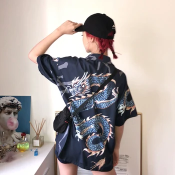 2021 m. Vasarą, Pavasarį Moterims Palaidinės BF stiliaus negabaritinių marškinėliai Harajuku Viršūnes Dragon Spausdinimo Trumpas Rankovės Marškinėliai Moteriška Streetwear