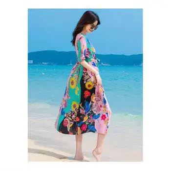 2021 Naujas Vasaros Moterų Mados Atsitiktinis V-Kaklo Suknelės Lady Dirbtiniais Šilko Gėlių Spausdinti Suknelė Elegantiškas-Line Boho Ilgai Vestidos B19