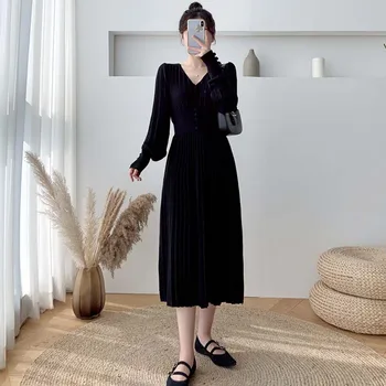 2021 Prancūzijos Elegantiškas V Kaklo Mezgimo Suknelė Vientisas Megztinis Sukneles Korėjos Prašmatnus Ilgomis Rankovėmis Plisuotos Megzti Suknelę Office Ponios