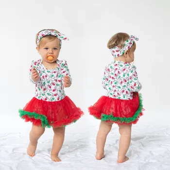 2vnt Mielas Kūdikis Mergaitė ilgomis Rankovėmis Kalėdų Tema Modelis Romper Suknelė+Lankelis Sijonas Komplektus Kalėdų Kostiumas