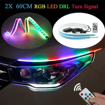 2X RGB 60CM Nuotolinio Valdymo pulto LED DRL Šviesos važiavimui Dieną Posūkio Signalo Vadovas Juostelės Žibintai, Automobilių Žibintai Auto Priedai