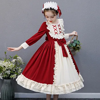 4-14year Paaugliams Šalis Suknelė Mergaitėms, Vaikams, Lankai ilgomis Rankovėmis raudona Merginos Kalėdų Dress Nėrinių Suknelės Lolita Ispanija Vaikams Drabužių