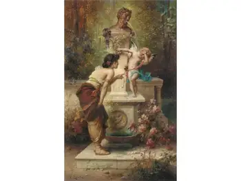7 Rankomis Dažyti Meno Tapybos Koledžo Dėstytojų - gėlių angelas ir mergaitė žaidžia fontanas Hans Zatzka - Naftos Tapyba ant Drobės