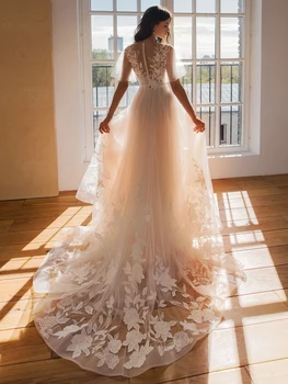 A-Line Wedding Dresses Iliuzija, O Kaklas Trumpas Rankovėmis Varpo Mygtuką Appliqued Blizgučiais Grindų Ilgis 2021 Naujas Ilgos Vestuvinės Suknelės