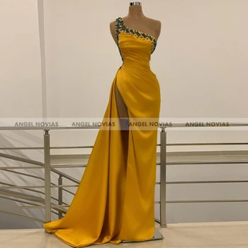 ANGEL NOVIAS Ilgas Geltona Undinė Satino vakarinę Suknelę 2021 Backless Elegantiškas, Seksualus arabų Prom Chalatai Sukienki Damskie