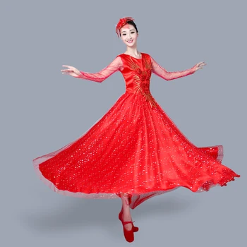 Atidarymo Šokio Visą sijonas Šiuolaikinės Suaugusiųjų Moterų Raudona Šokių Suknelė Dėvėti Ispanija Didelis Swing Suknelė Choras, Šokių Etape Kostiumas Kostiumas H608