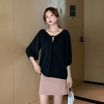 Atsitiktinis Vasaros 2020 Moterų Marškinėliai Korėjos Mados Black Marškinėliai Moterims Streetwear Office Prarasti Šifono Palaidinė Elegantiškas Ponios Viršūnės