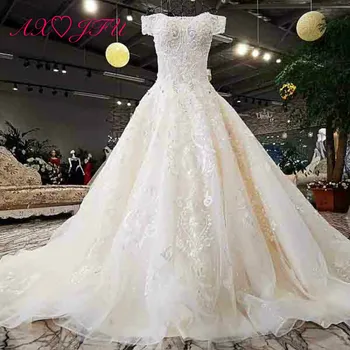 AXJFU prabanga princesė duobute diamond white gėlių nėrinių vestuvių suknelė vintage rankų darbo valtis kaklo iliuzija vestuvių suknelė QSYS1227