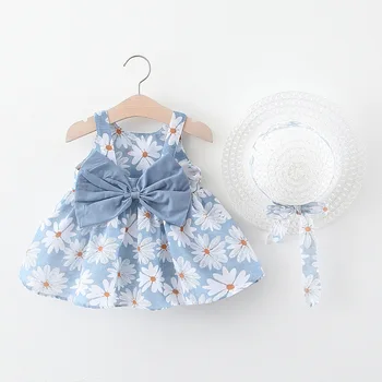 Baby Girl Vasaros Lankas Spausdinti Suknelė Su Skrybėle 2vnt Kūdikių Drabužiai, Kostiumai Bohemijos Stiliaus Naujagimiui Vaikiška Suknelė