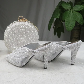 BaoYaFang 9cm White Pearl moterų vestuvių avalynė Ir rankinės Nuotaka Aukšti kulniukai batai ponios šalis suknelė bateliai moteris Atvira Pirštą Basutės