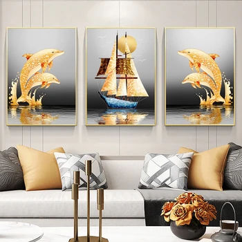 Be rėmelio drobė spausdinti plakato Aukso žuvies ir valtis sienos meno burlaivis sienos nuotrauka už kambarį plakatai ir spausdina