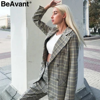 BeAvant Office ponios pledas švarkas nustatyti Dviejų dalių dvigubo breasted moterų švarkas kelnės, kostiumai Atsitiktinis streetwear ponios kelnės rinkinys