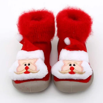 Chrismas Santa Claus minkšto dugno gumos pirmą vaikštynės bamblys fuzzy šiltos žiemos grindų batus neslidžiais megztos medžiagos, nauji kūdikių