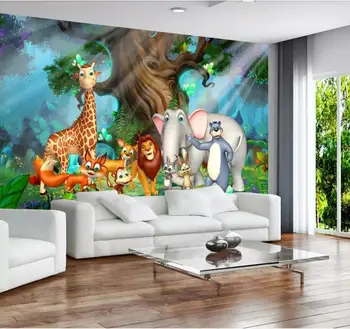 Custom tėtis peint animaux, animacinių filmų miško gyvūnų pasaulyje freskos vaikų kambario, miegamojo kambarį sienų apdaila tapetai