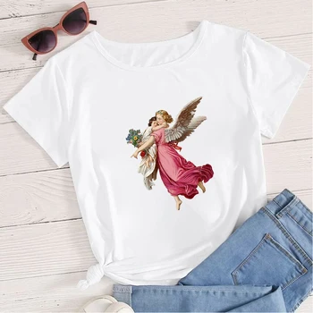 Cute Little Angel Spausdinimo Moterų Estetinės Vintage marškinėliai Ropa Mujer Pavasario Atsitiktinis Negabaritinių Viršūnes trumpomis Rankovėmis Marškinėlius Crewneck